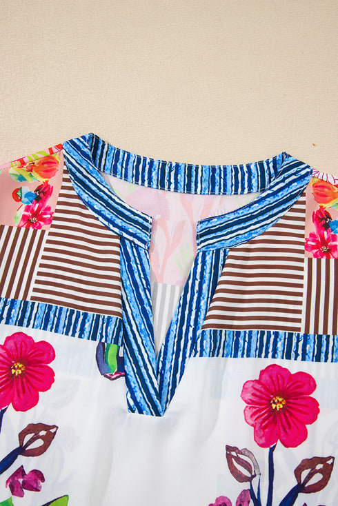 Floral Striped Patchwork Split Neck Short Sleeve Blouse