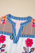 Floral Striped Patchwork Split Neck Short Sleeve Blouse