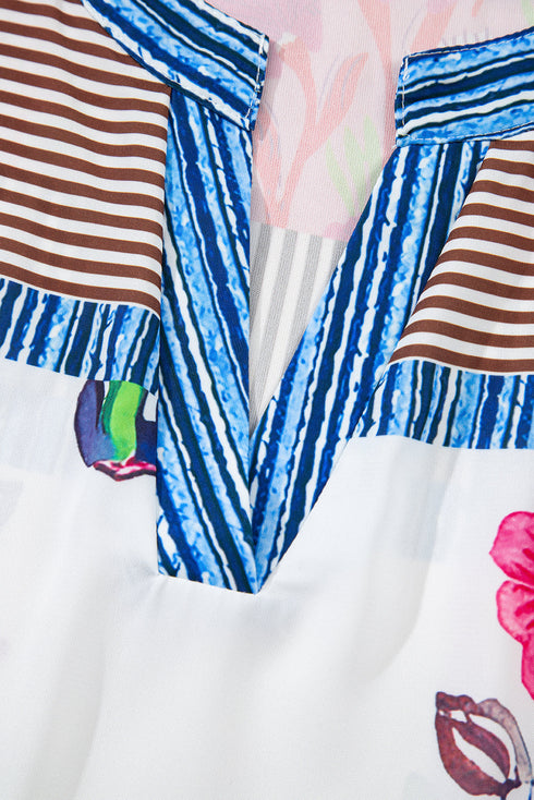 Floral Striped Patchwork Split Neck Short Sleeve Blouse