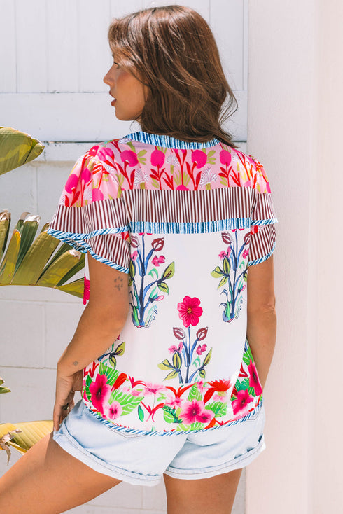 Floral Striped Patchwork Split Neck Short Sleeve Blouse