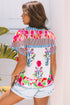 Floral Striped Patchwork Split Neck Short Sleeve Blouse