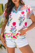 Floral Striped Patchwork Split Neck Short Sleeve Blouse
