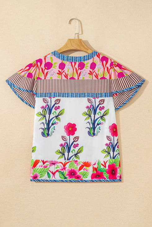 Floral Striped Patchwork Split Neck Short Sleeve Blouse