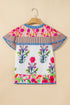 Floral Striped Patchwork Split Neck Short Sleeve Blouse