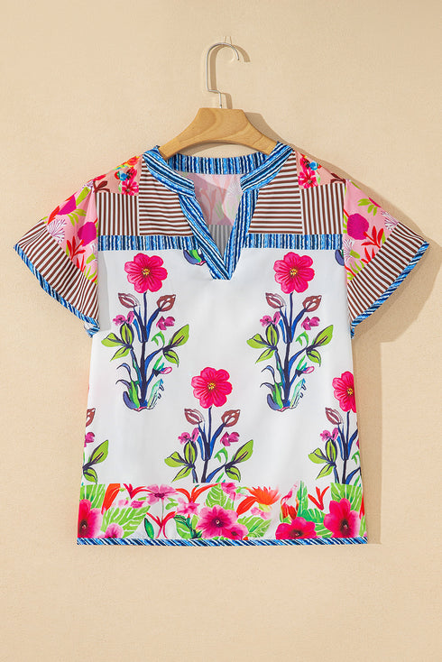 Floral Striped Patchwork Split Neck Short Sleeve Blouse