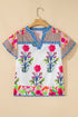 Floral Striped Patchwork Split Neck Short Sleeve Blouse