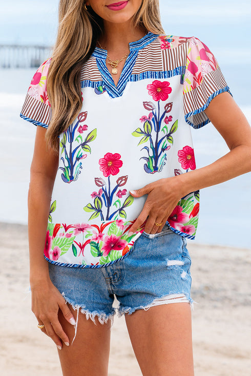 Floral Striped Patchwork Split Neck Short Sleeve Blouse