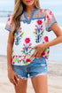 Floral Striped Patchwork Split Neck Short Sleeve Blouse