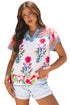 Floral Striped Patchwork Split Neck Short Sleeve Blouse