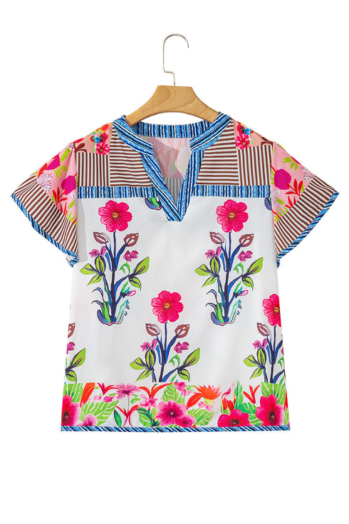 Floral Striped Patchwork Split Neck Short Sleeve Blouse