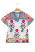 Floral Striped Patchwork Split Neck Short Sleeve Blouse