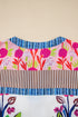 Floral Striped Patchwork Split Neck Short Sleeve Blouse
