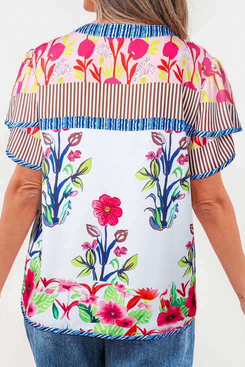 Floral Striped Patchwork Split Neck Short Sleeve Blouse
