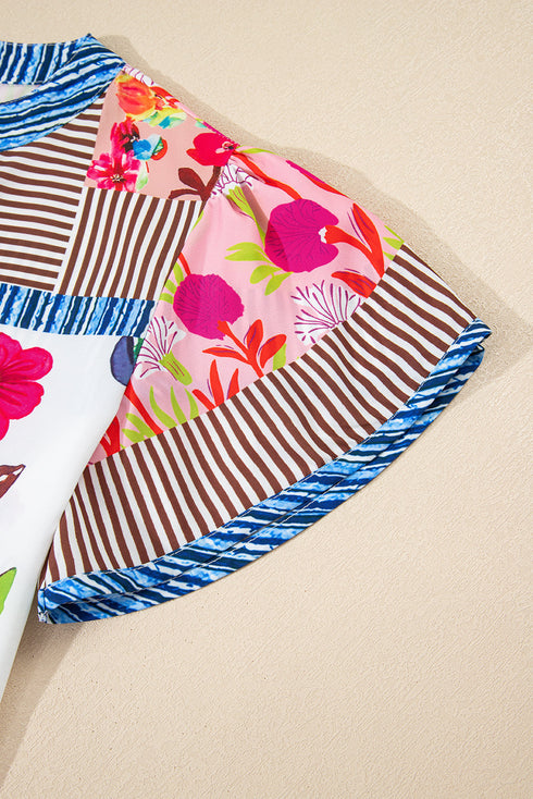 Floral Striped Patchwork Split Neck Short Sleeve Blouse