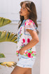 Floral Striped Patchwork Split Neck Short Sleeve Blouse