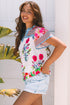 Floral Striped Patchwork Split Neck Short Sleeve Blouse