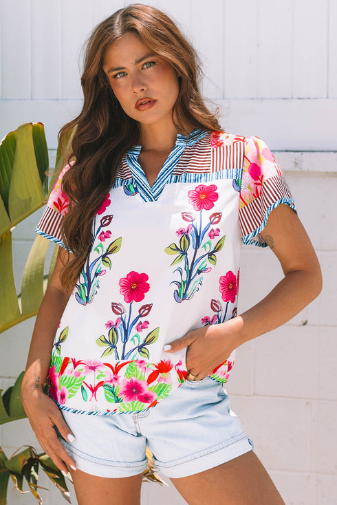 Floral Striped Patchwork Split Neck Short Sleeve Blouse