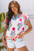 Floral Striped Patchwork Split Neck Short Sleeve Blouse