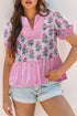 Floral Striped Patchwork V Neck Ruffle Hem Blouse
