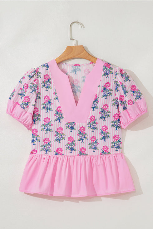 Floral Striped Patchwork V Neck Ruffle Hem Blouse