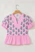 Floral Striped Patchwork V Neck Ruffle Hem Blouse