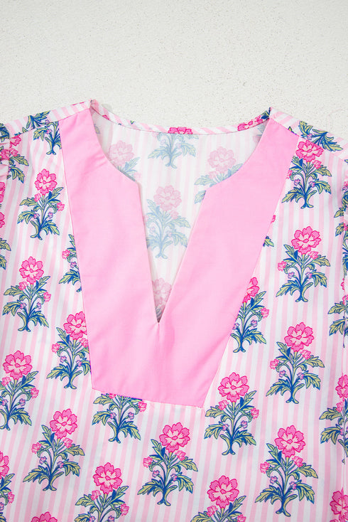 Floral Striped Patchwork V Neck Ruffle Hem Blouse