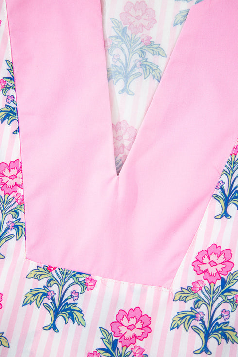 Floral Striped Patchwork V Neck Ruffle Hem Blouse