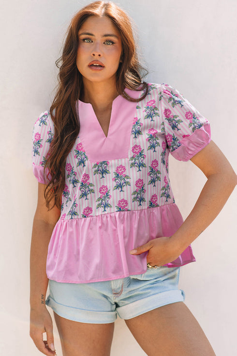 Floral Striped Patchwork V Neck Ruffle Hem Blouse