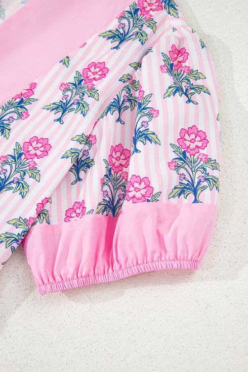 Floral Striped Patchwork V Neck Ruffle Hem Blouse