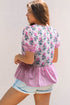 Floral Striped Patchwork V Neck Ruffle Hem Blouse
