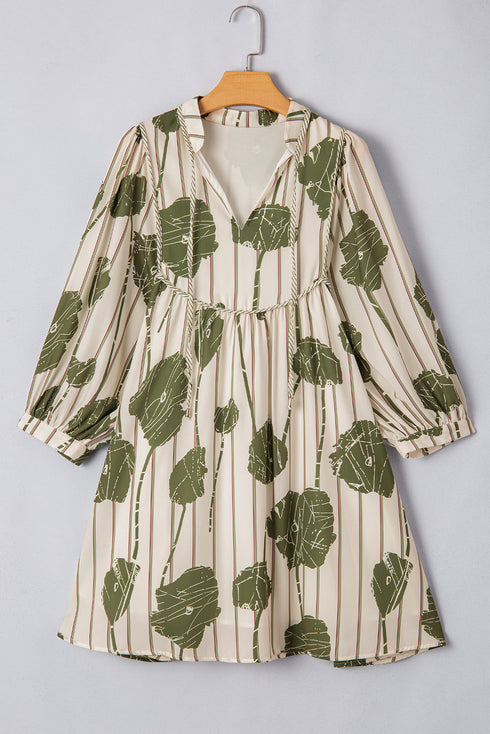 Floral Striped Print Contrast Piping Puff Sleeve Dress