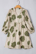 Floral Striped Print Contrast Piping Puff Sleeve Dress