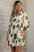 Floral Striped Print Contrast Piping Puff Sleeve Dress
