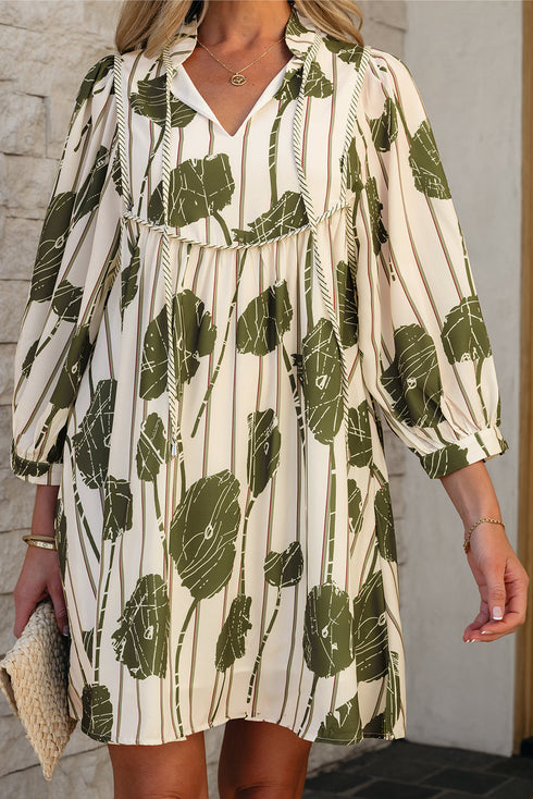 Floral Striped Print Contrast Piping Puff Sleeve Dress