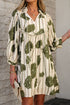 Floral Striped Print Contrast Piping Puff Sleeve Dress