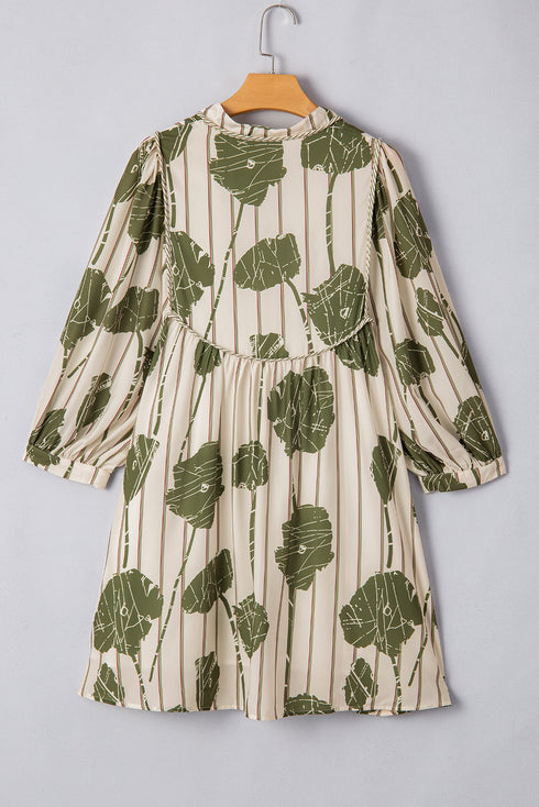 Floral Striped Print Contrast Piping Puff Sleeve Dress