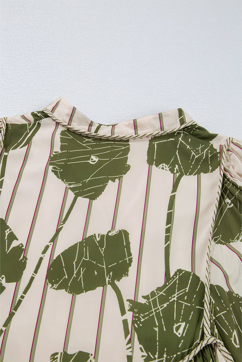 Floral Striped Print Contrast Piping Puff Sleeve Dress