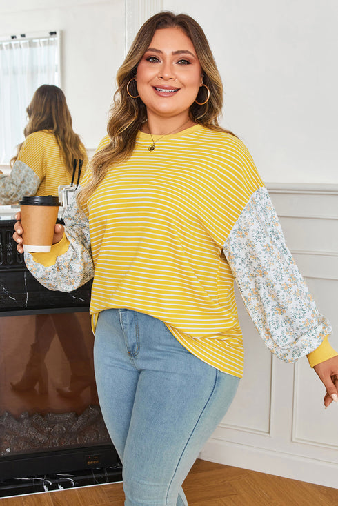 Floral Striped Print Patchwork Loose Long Sleeve Top