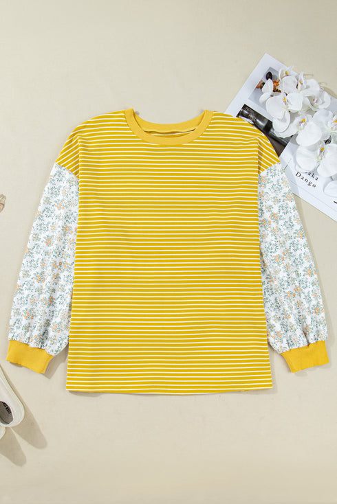Floral Striped Print Patchwork Loose Long Sleeve Top