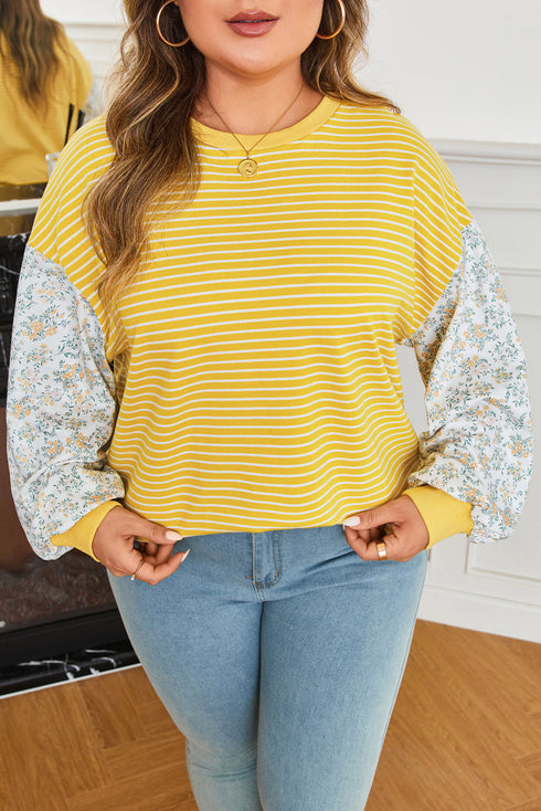 Floral Striped Print Patchwork Loose Long Sleeve Top