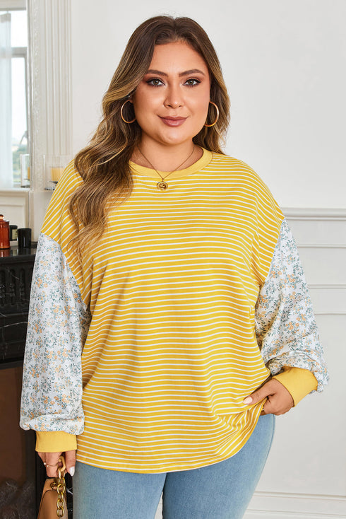 Floral Striped Print Patchwork Loose Long Sleeve Top