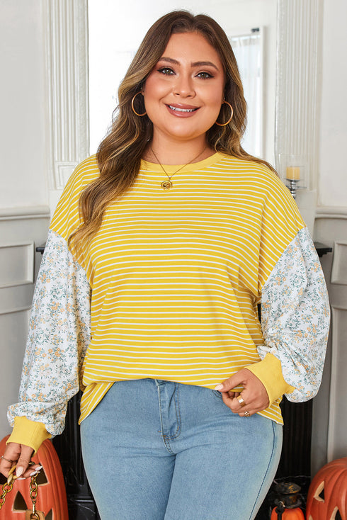 Floral Striped Print Patchwork Loose Long Sleeve Top