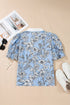 Floral Striped Print Polo Collar Short Sleeve Blouse