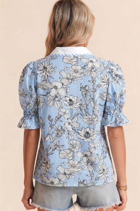 Floral Striped Print Polo Collar Short Sleeve Blouse