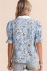 Floral Striped Print Polo Collar Short Sleeve Blouse