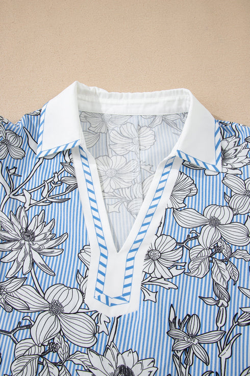 Floral Striped Print Polo Collar Short Sleeve Blouse