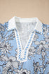 Floral Striped Print Polo Collar Short Sleeve Blouse