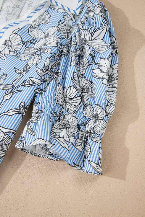 Floral Striped Print Polo Collar Short Sleeve Blouse