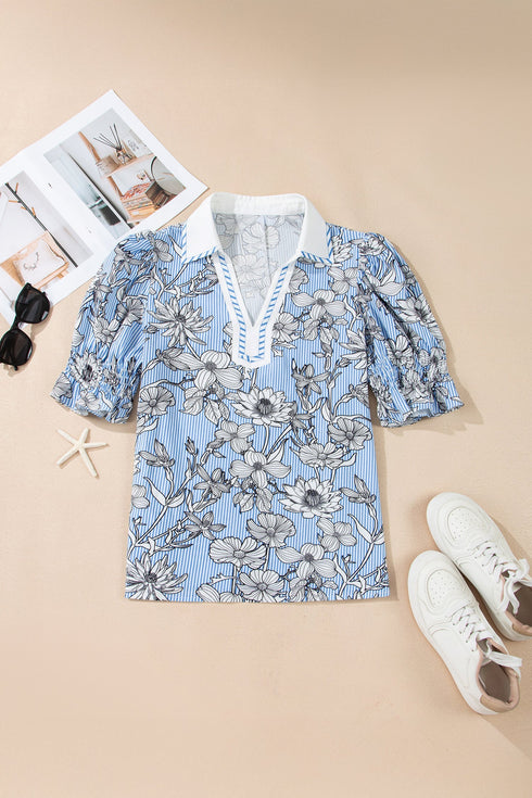 Floral Striped Print Polo Collar Short Sleeve Blouse