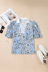 Floral Striped Print Polo Collar Short Sleeve Blouse